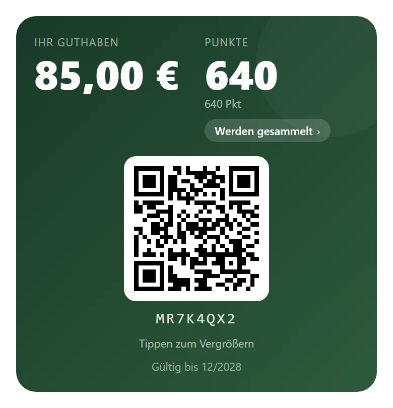 Awiti: Gutscheinkarte des Karteninhabers mit Guthaben, Punkten und QR-Code