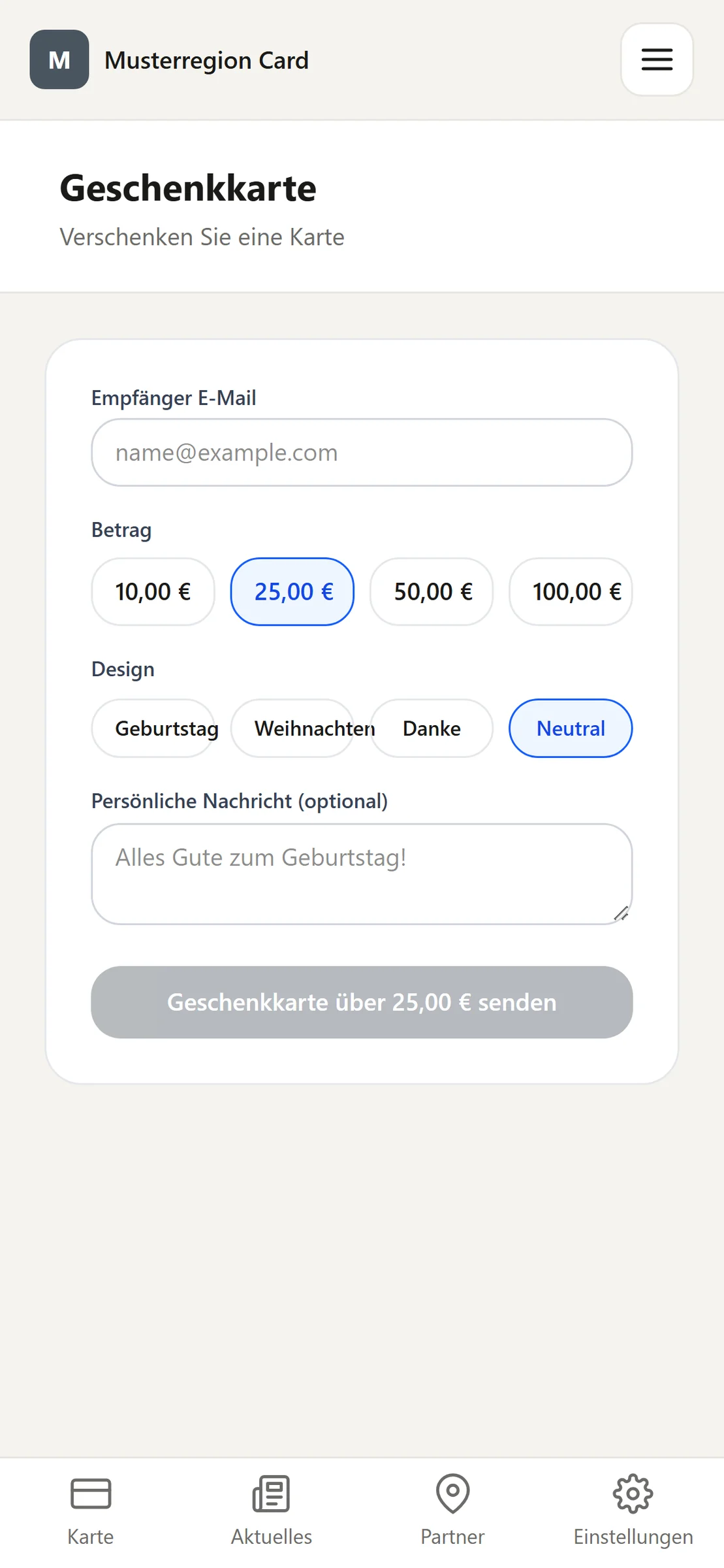 Awiti: Geschenkkarte verschenken mit Empfänger, Betrag, Design und Nachricht
