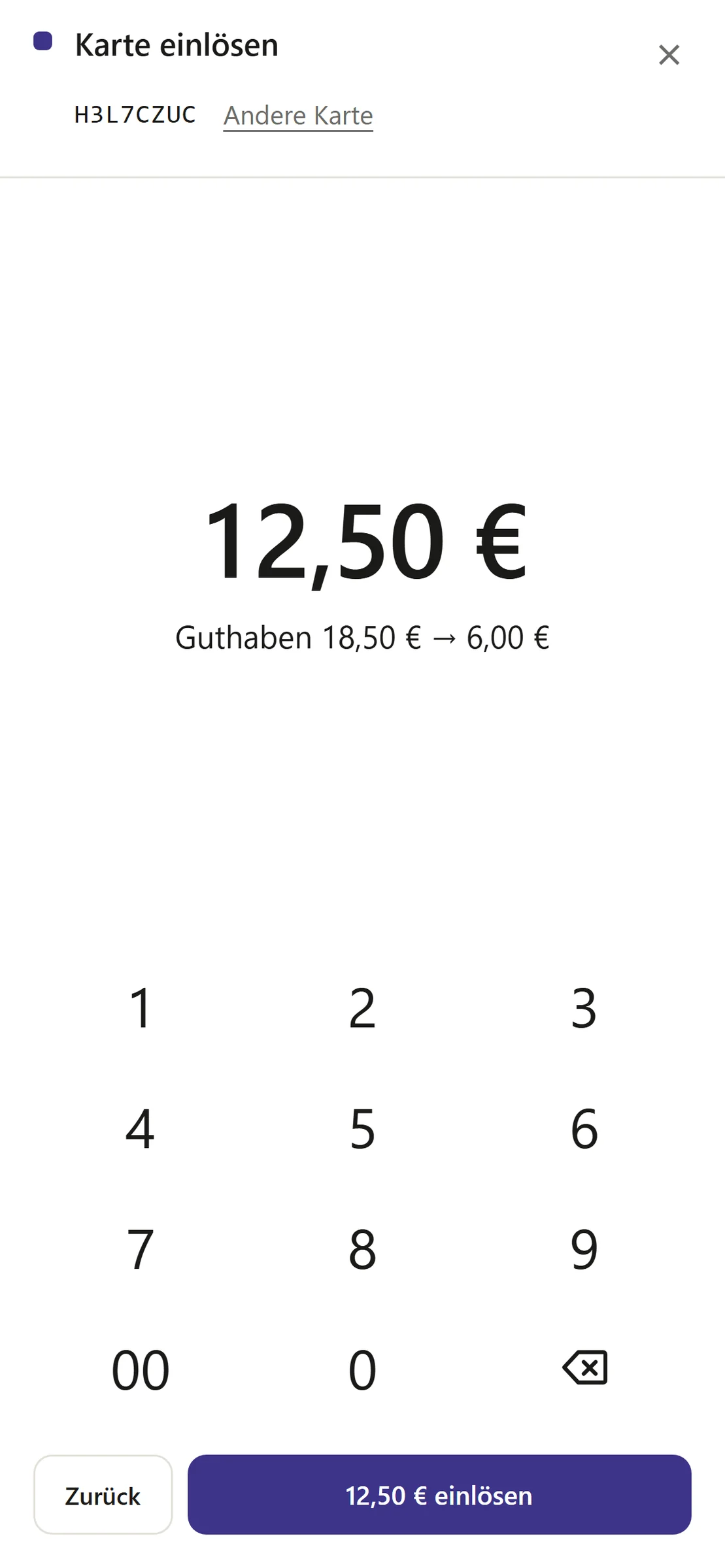 Awiti: Kassenschirm am Telefon, Betrag eingegeben, Guthaben vorher und nachher