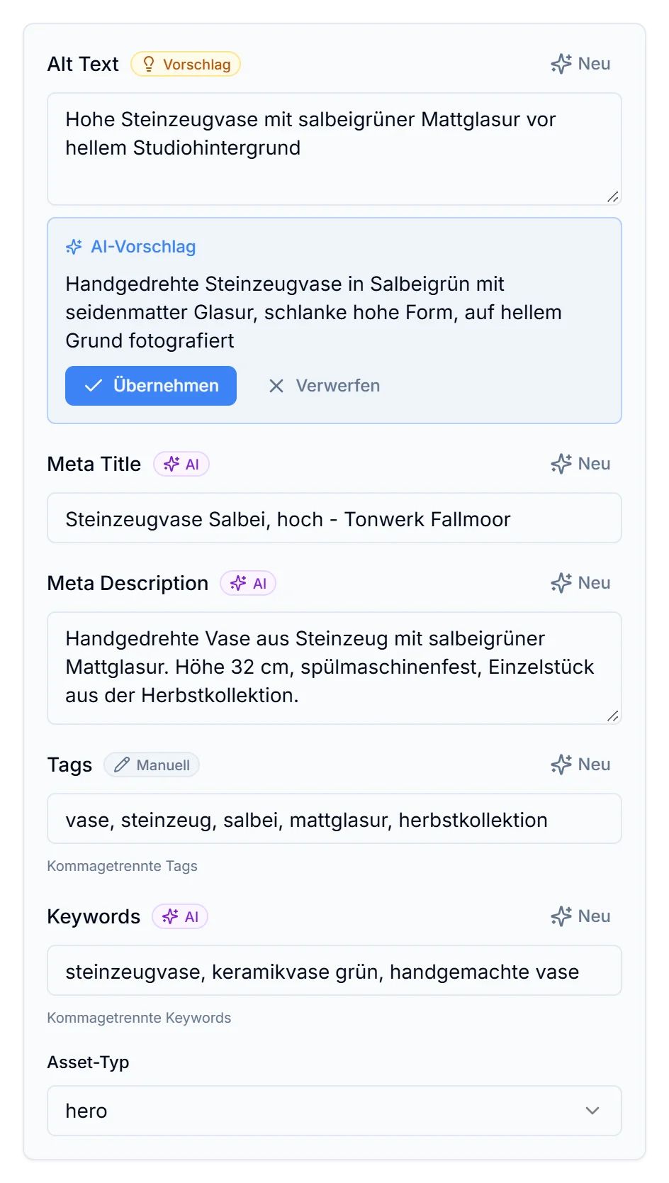 Entitio: SEO-Angaben mit KI-Vorschlag für den Alt-Text
