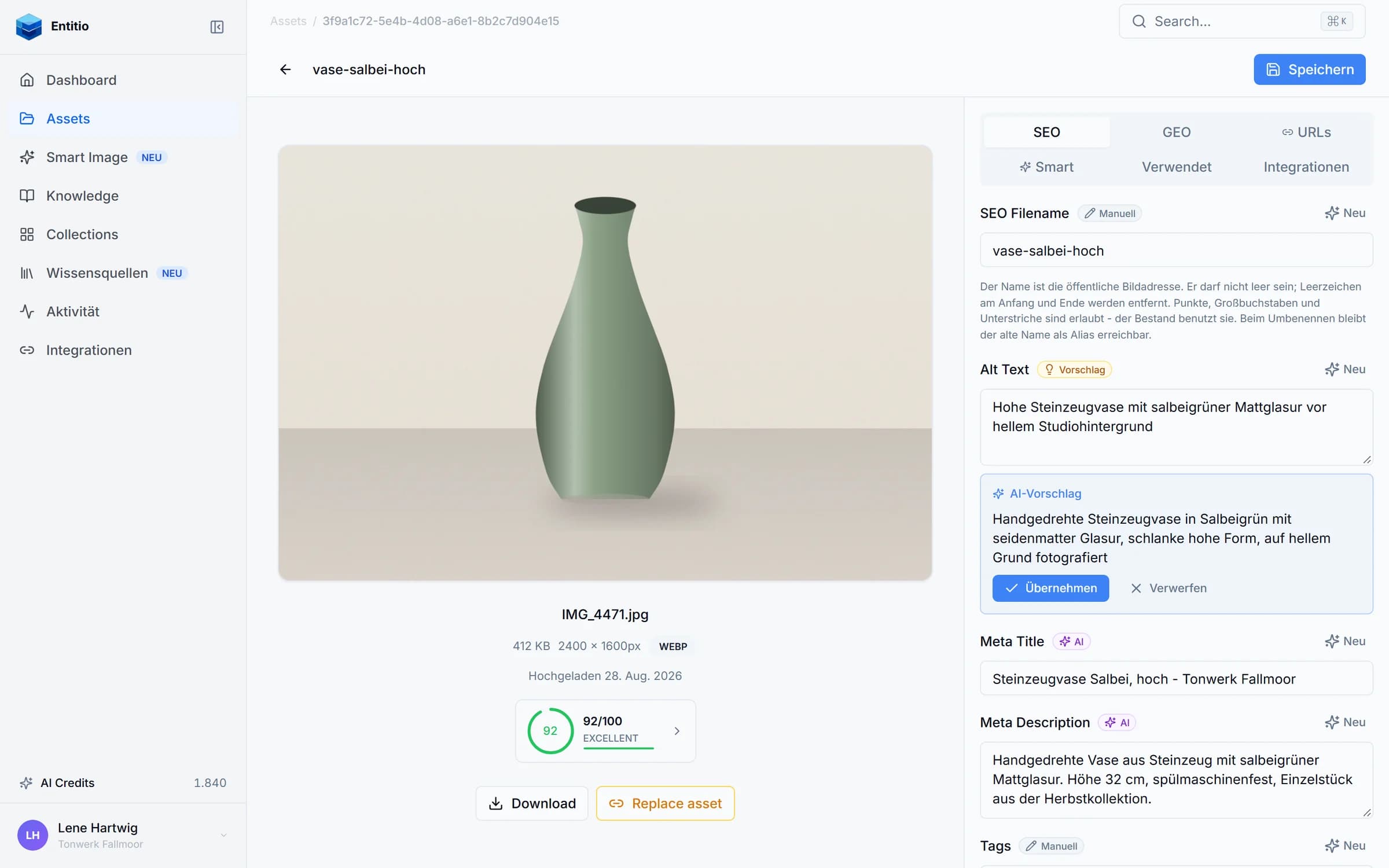 Entitio: Detailseite mit Score 92 von 100