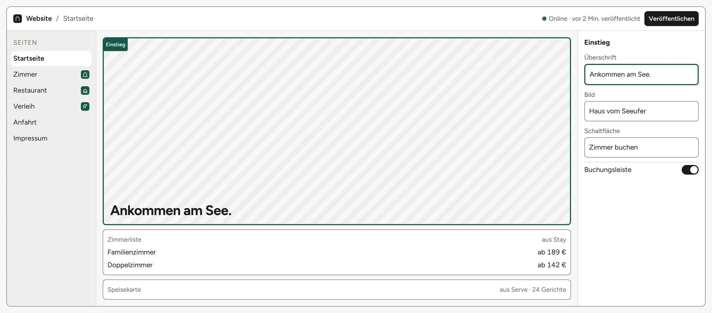 Ospitra: Website-Editor Startseite Landhaus am See